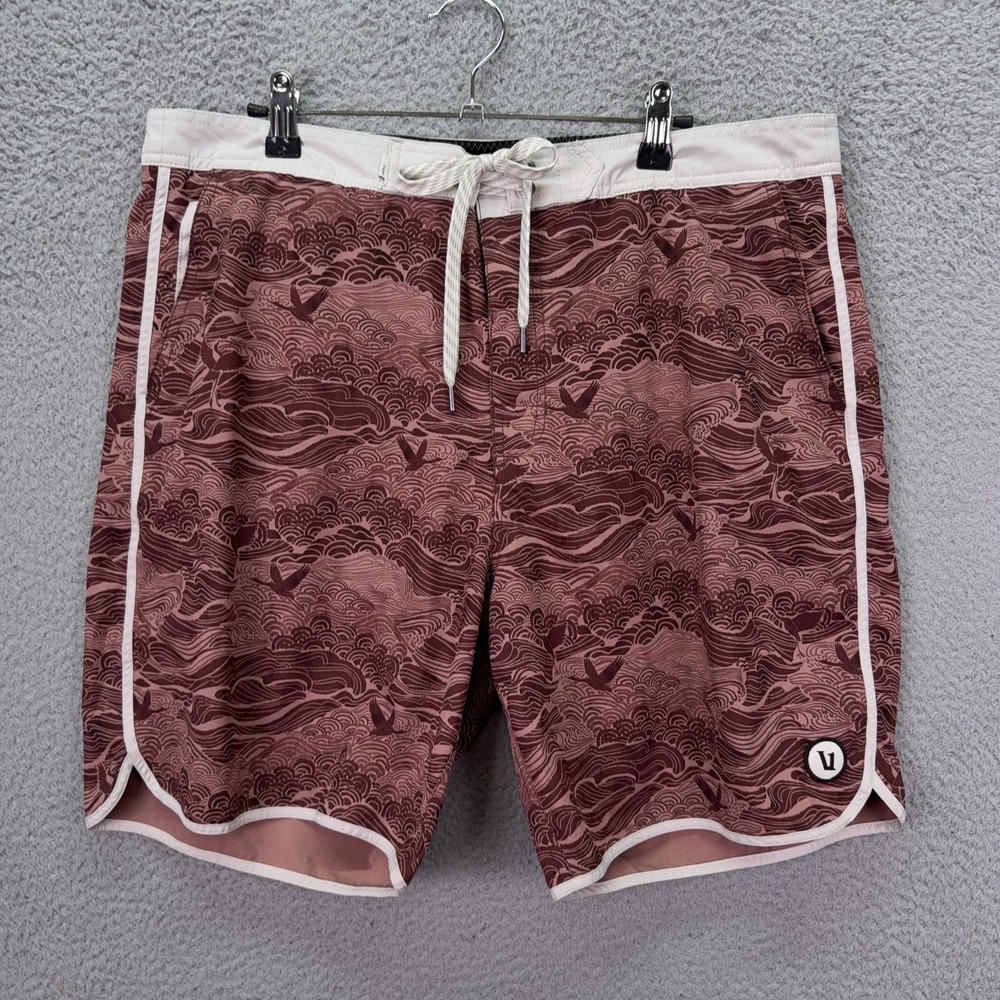 Vuori Swim Trunks Mens 36 Maroon Ocean Print Cruise Boardshorts Coastal Surf